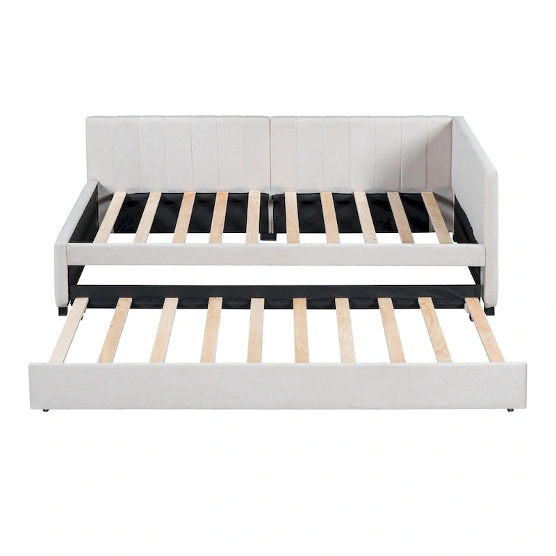Lit de repos capitonné avec tiroir-lit, cadre de lit de jour double, sommier tapissier non nécessaire, tissu en lin (beige)