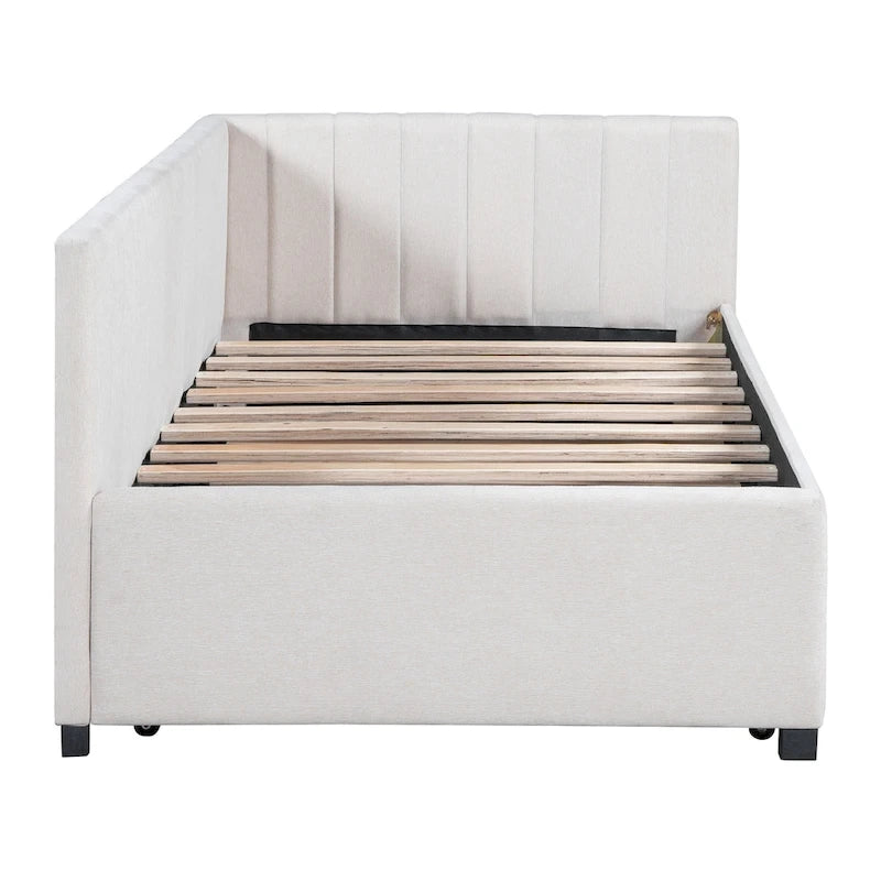Lit de repos capitonné avec tiroir-lit, cadre de lit de jour double, sommier tapissier non nécessaire, tissu en lin (beige)