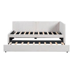 Lit de repos capitonné avec tiroir-lit, cadre de lit de jour double, sommier tapissier non nécessaire, tissu en lin (beige)