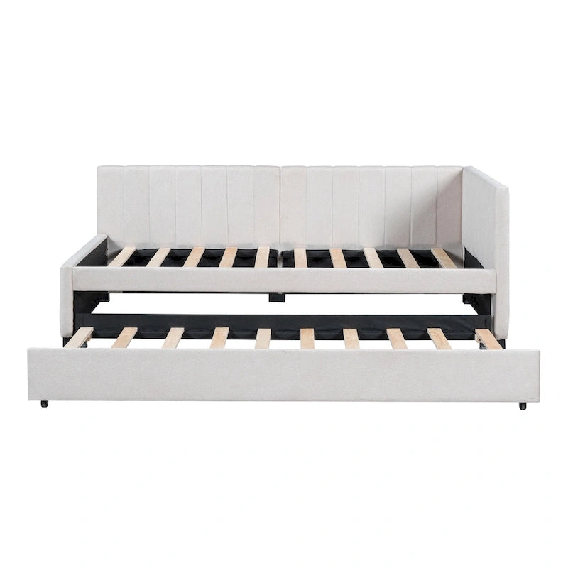 Lit de repos capitonné avec tiroir-lit, cadre de lit de jour double, sommier tapissier non nécessaire, tissu en lin (beige)