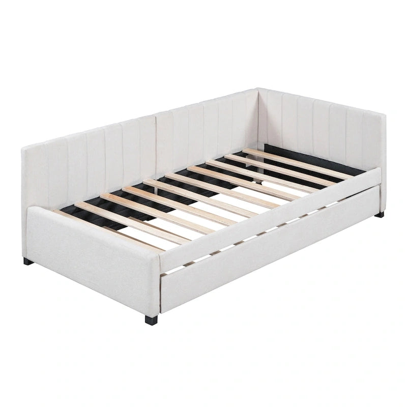 Lit de repos capitonné avec tiroir-lit, cadre de lit de jour double, sommier tapissier non nécessaire, tissu en lin (beige)