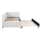 Lit de repos capitonné avec tiroir-lit, cadre de lit de jour double, sommier tapissier non nécessaire, tissu en lin (beige)