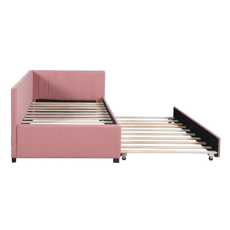 Lit de repos capitonné avec tiroir-lit, cadre de lit de jour double, sommier tapissier non nécessaire, tissu en lin (beige)