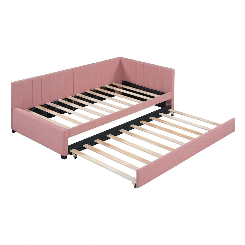 Lit de repos capitonné avec tiroir-lit, cadre de lit de jour double, sommier tapissier non nécessaire, tissu en lin (beige)