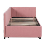 Lit de repos capitonné avec tiroir-lit, cadre de lit de jour double, sommier tapissier non nécessaire, tissu en lin (beige)