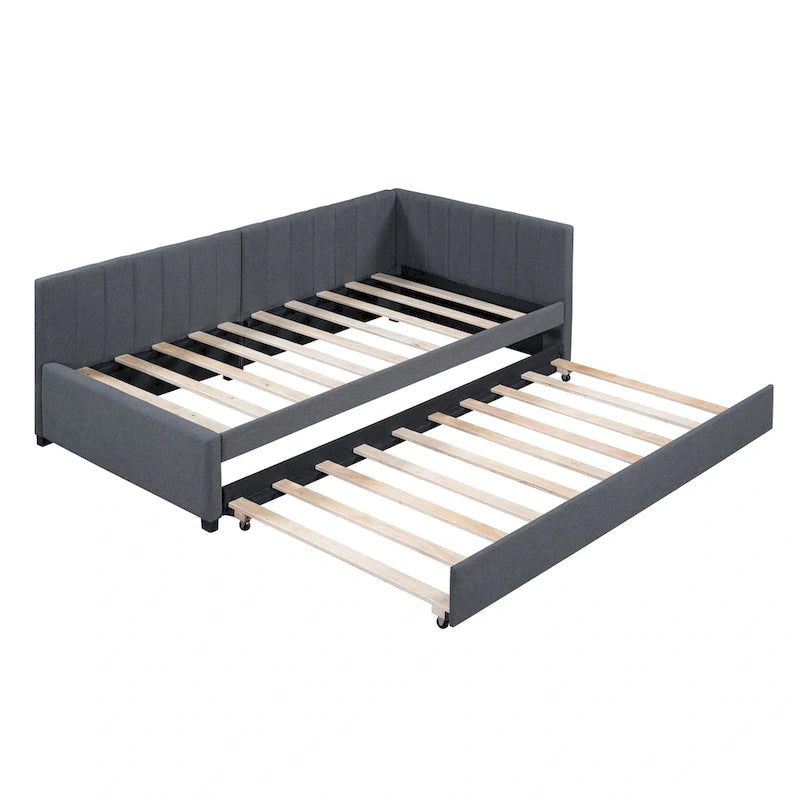 Lit de repos capitonné avec tiroir-lit, cadre de lit de jour double, sommier tapissier non nécessaire, tissu en lin (beige)
