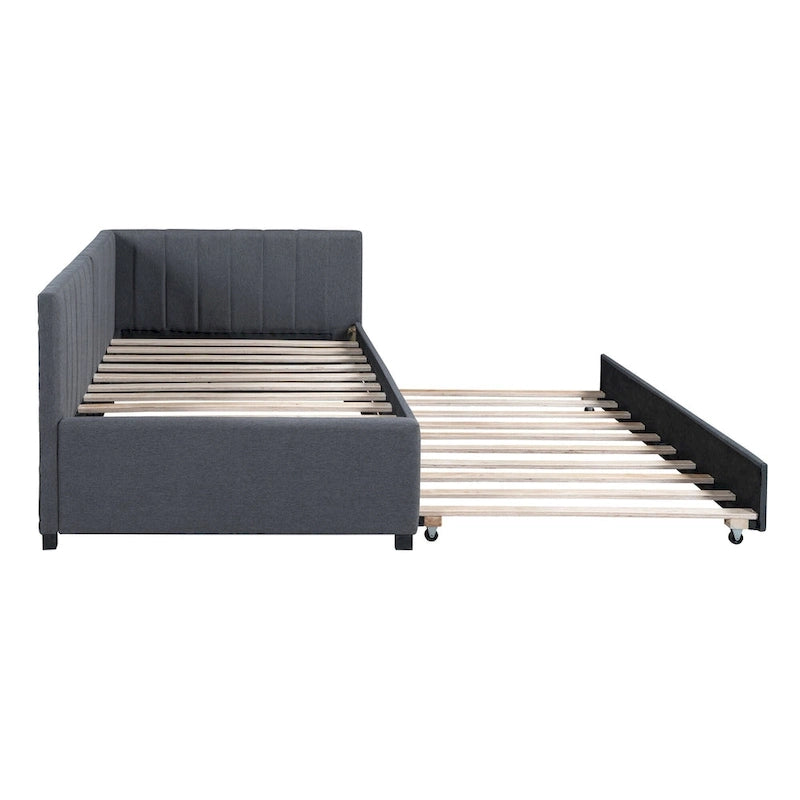 Lit de repos capitonné avec tiroir-lit, cadre de lit de jour double, sommier tapissier non nécessaire, tissu en lin (beige)