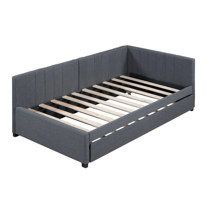 Lit de repos capitonné avec tiroir-lit, cadre de lit de jour double, sommier tapissier non nécessaire, tissu en lin (beige)