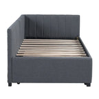 Lit de repos capitonné avec tiroir-lit, cadre de lit de jour double, sommier tapissier non nécessaire, tissu en lin (beige)