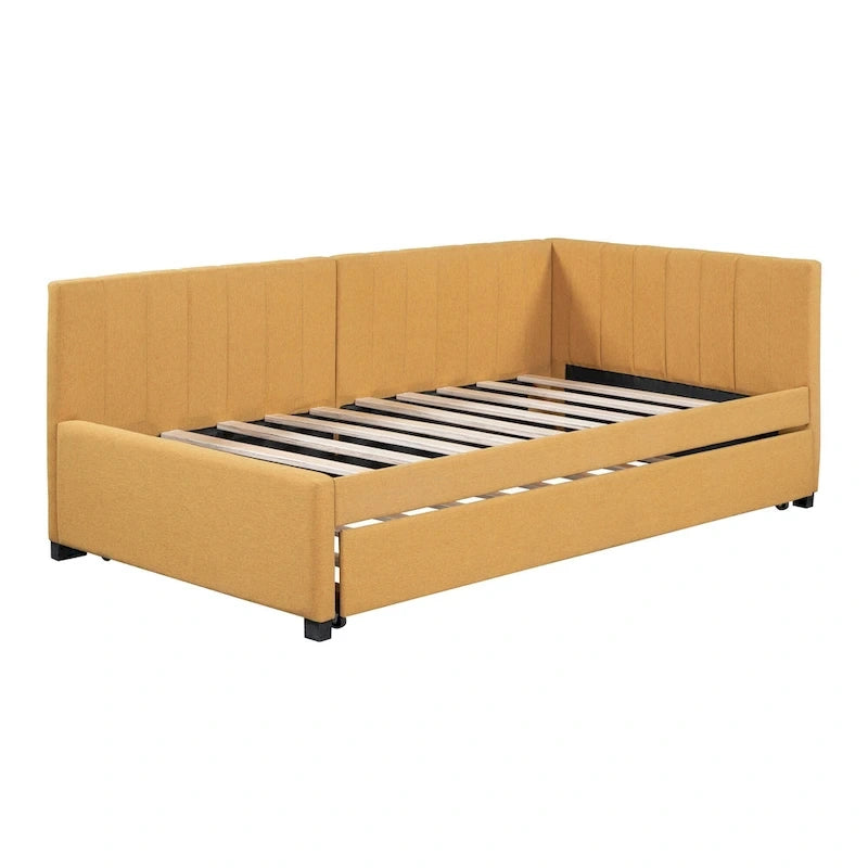 Lit de repos capitonné avec tiroir-lit, cadre de lit de jour double, sommier tapissier non nécessaire, tissu en lin (beige)