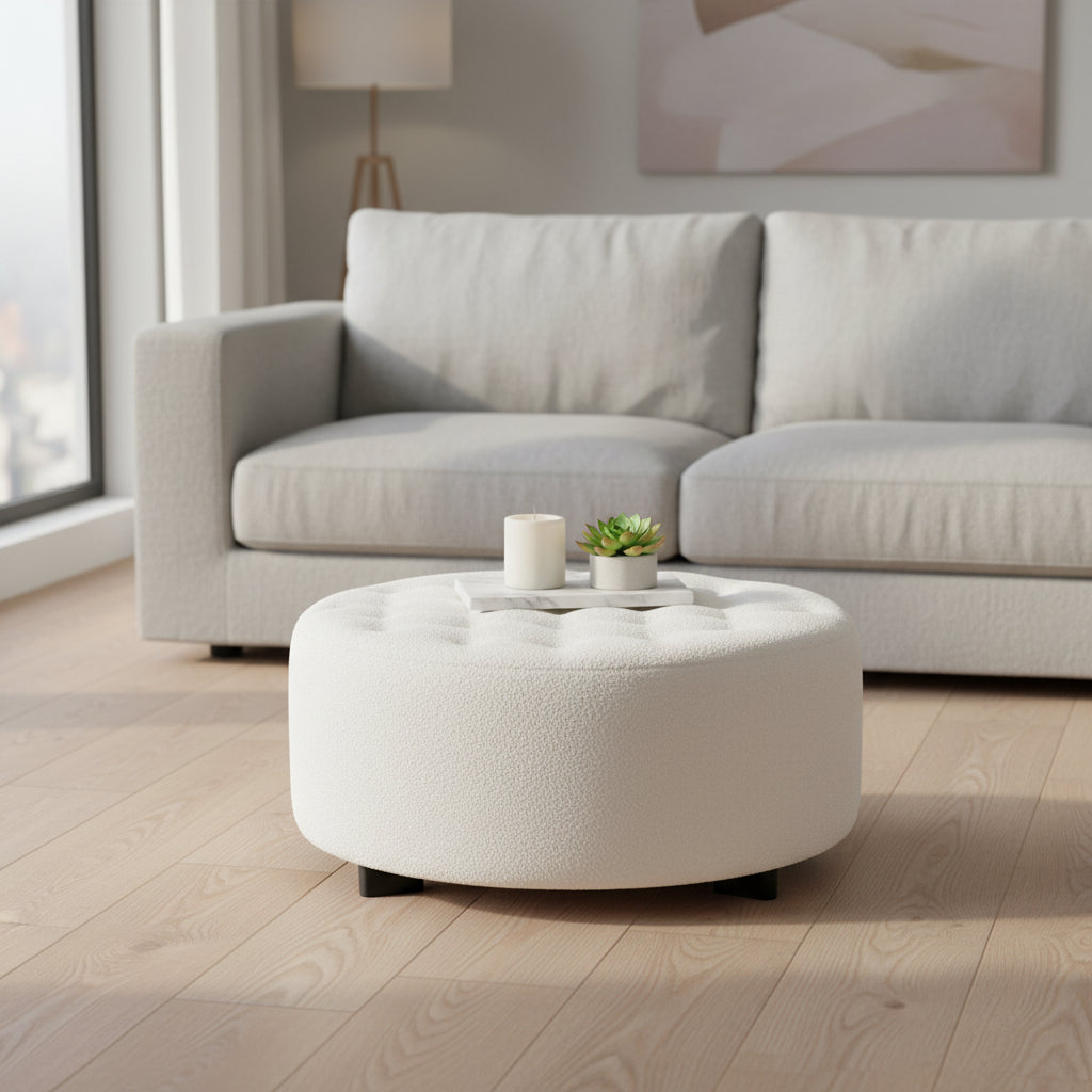 Repose-pieds rond en bois noir avec coussin en velours ivoire de style moderne