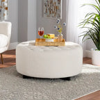 Repose-pieds rond en bois noir avec coussin en velours ivoire de style moderne