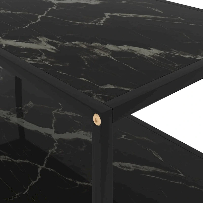 Table basse en verre trempé noir 100 cm | 2 plateaux effet marbre | Salon moderne