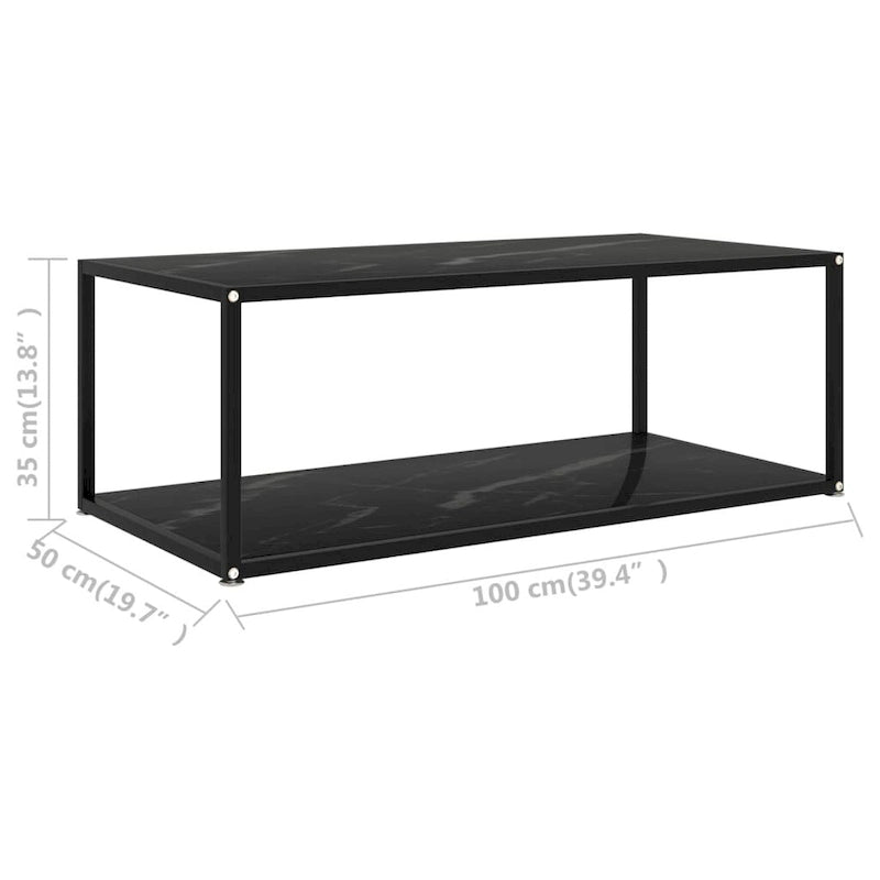 Table basse en verre trempé noir 100 cm | 2 plateaux effet marbre | Salon moderne