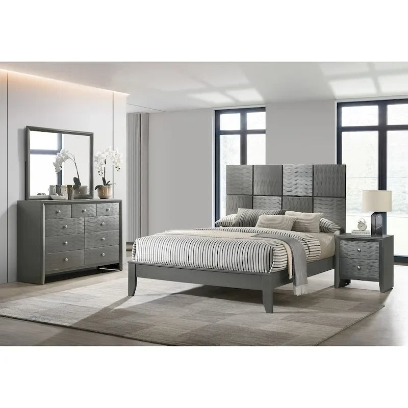 Chambre avec tête de lit grise