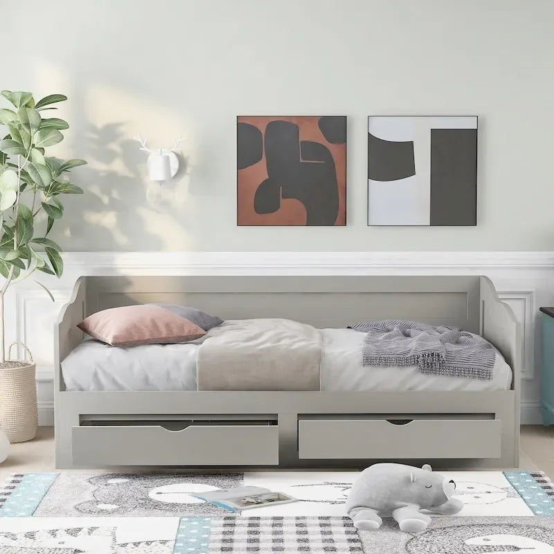 Canapé-lit extensible en bois, lit de repos avec lit gigogne et 2 tiroirs de rangement