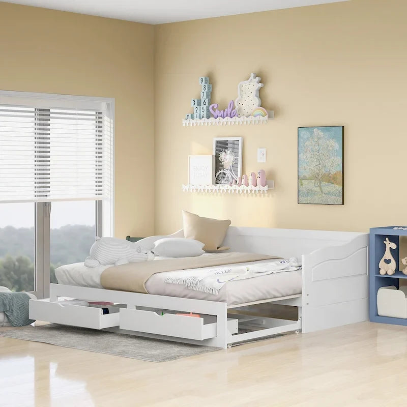 Canapé-lit extensible en bois, lit de repos avec lit gigogne et 2 tiroirs de rangement