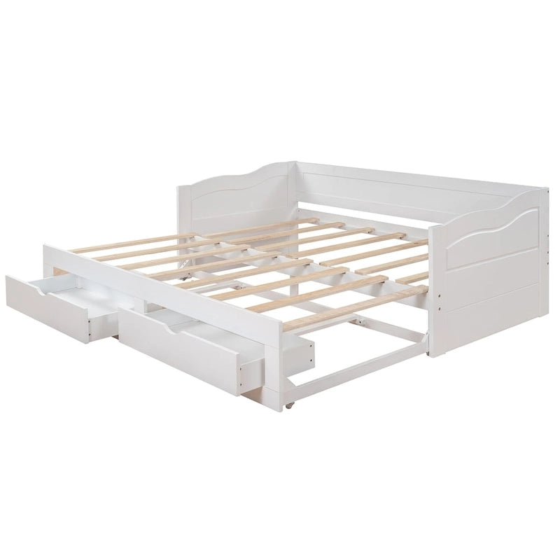 Canapé-lit extensible en bois, lit de repos avec lit gigogne et 2 tiroirs de rangement