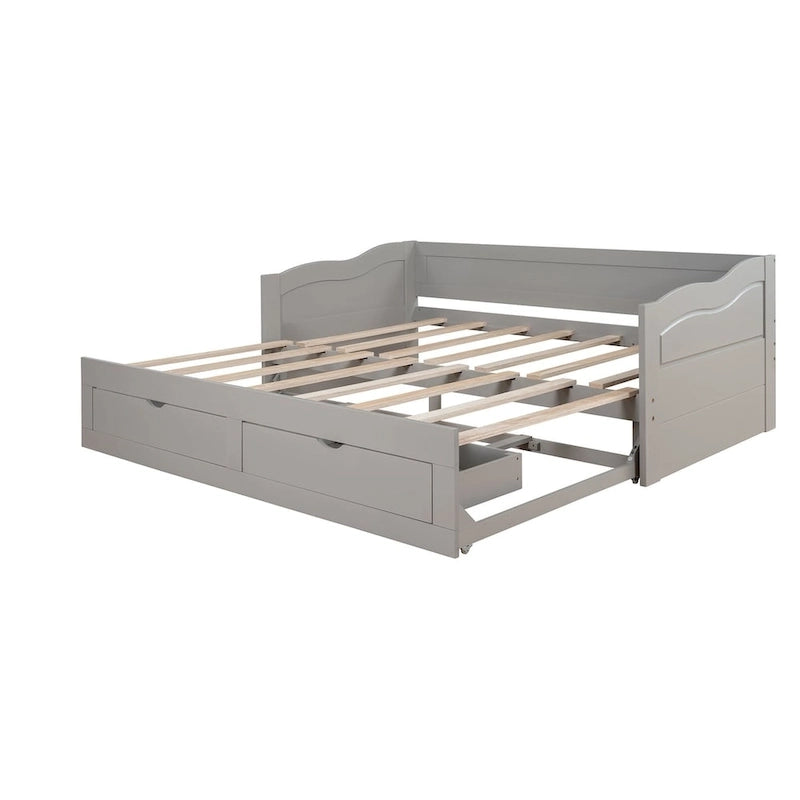 Canapé-lit extensible en bois, lit de repos avec lit gigogne et 2 tiroirs de rangement