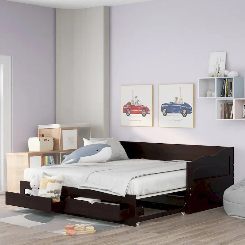 Canapé-lit extensible en bois, lit de repos avec lit gigogne et 2 tiroirs de rangement