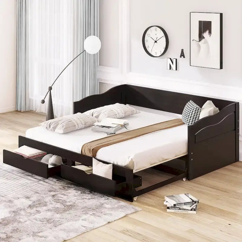 Canapé-lit extensible en bois, lit de repos avec lit gigogne et 2 tiroirs de rangement