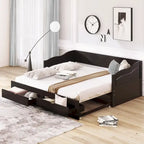 Canapé-lit extensible en bois, lit de repos avec lit gigogne et 2 tiroirs de rangement