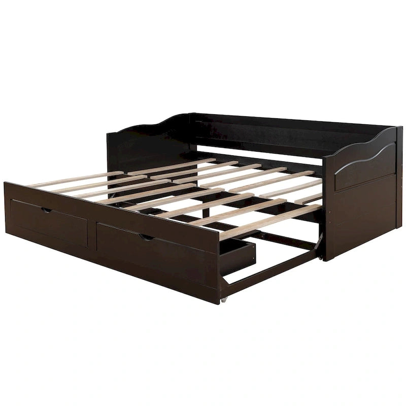 Canapé-lit extensible en bois, lit de repos avec lit gigogne et 2 tiroirs de rangement