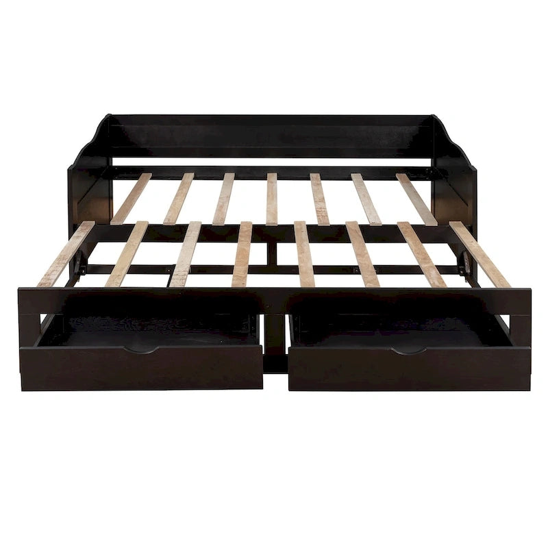 Canapé-lit extensible en bois, lit de repos avec lit gigogne et 2 tiroirs de rangement
