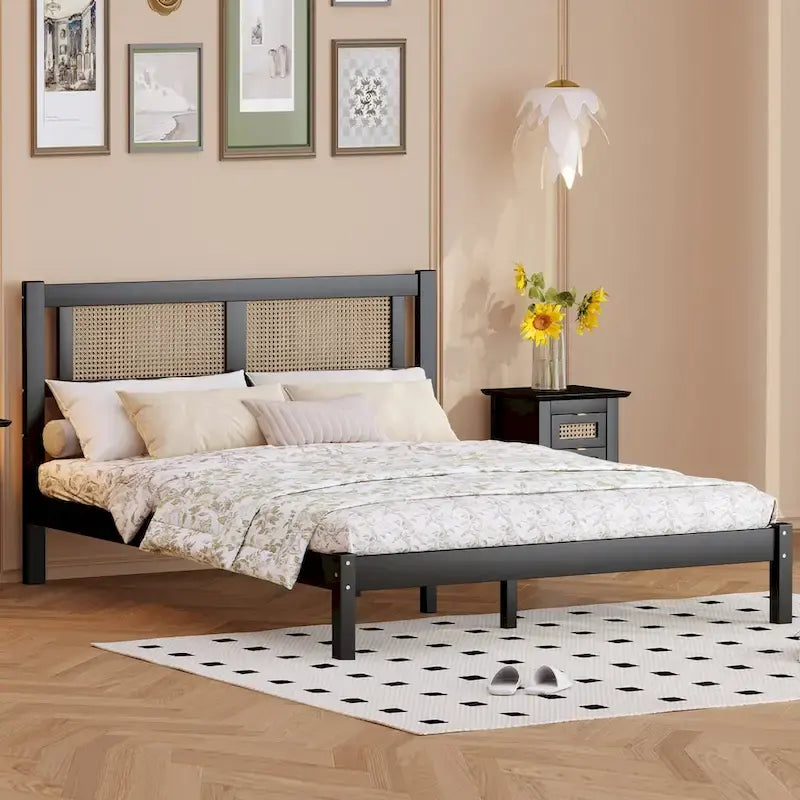 Lit plateforme en bois avec tête de lit en rotin naturel