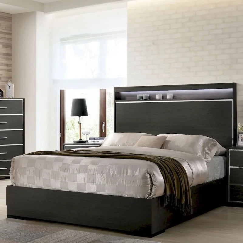 Ensemble de chambre 3 pièces gris | Lit, table de chevet et commode | Éclairage LED et ports USB