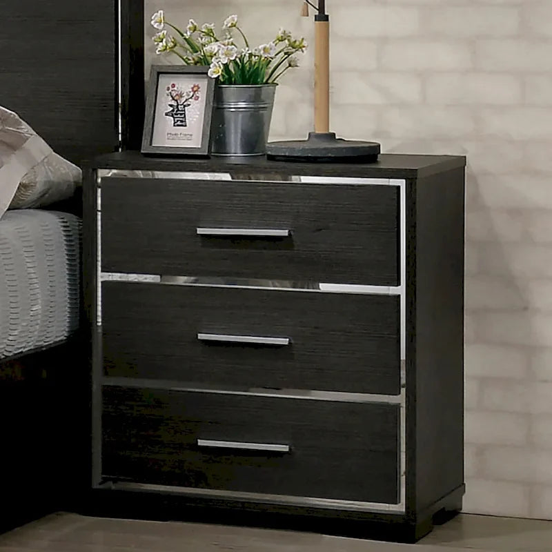 Ensemble de chambre 3 pièces gris | Lit, table de chevet et commode | Éclairage LED et ports USB