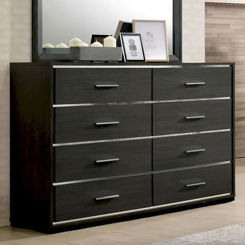 Ensemble de chambre 3 pièces gris | Lit, table de chevet et commode | Éclairage LED et ports USB
