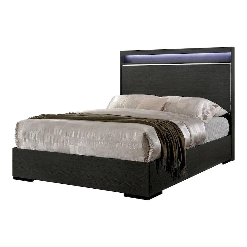Ensemble de chambre 3 pièces gris | Lit, table de chevet et commode | Éclairage LED et ports USB