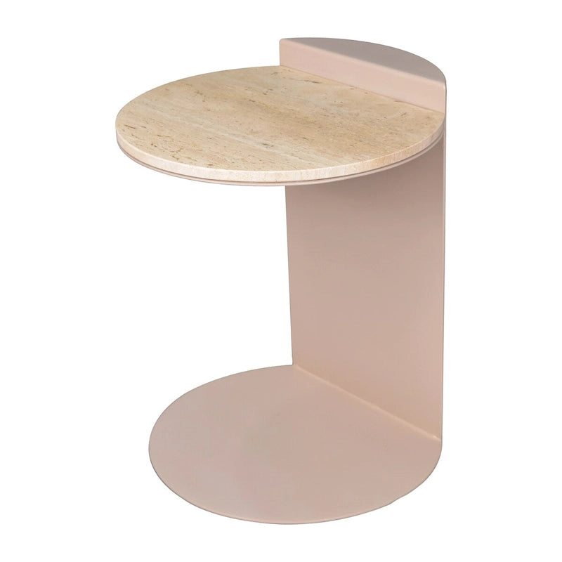 Table d'appoint en forme de C de 50 cm | Plateau en marbre beige naturel et pied en acier | Style moderne du milieu du siècle