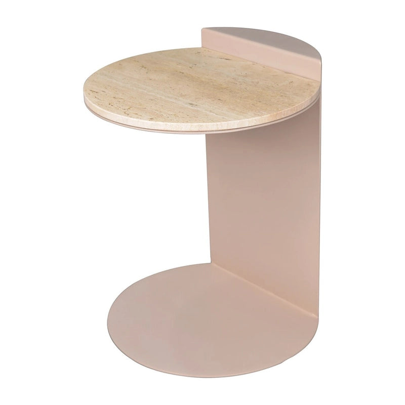 Table d'appoint en forme de C de 50 cm | Plateau en marbre beige naturel et pied en acier | Style moderne du milieu du siècle