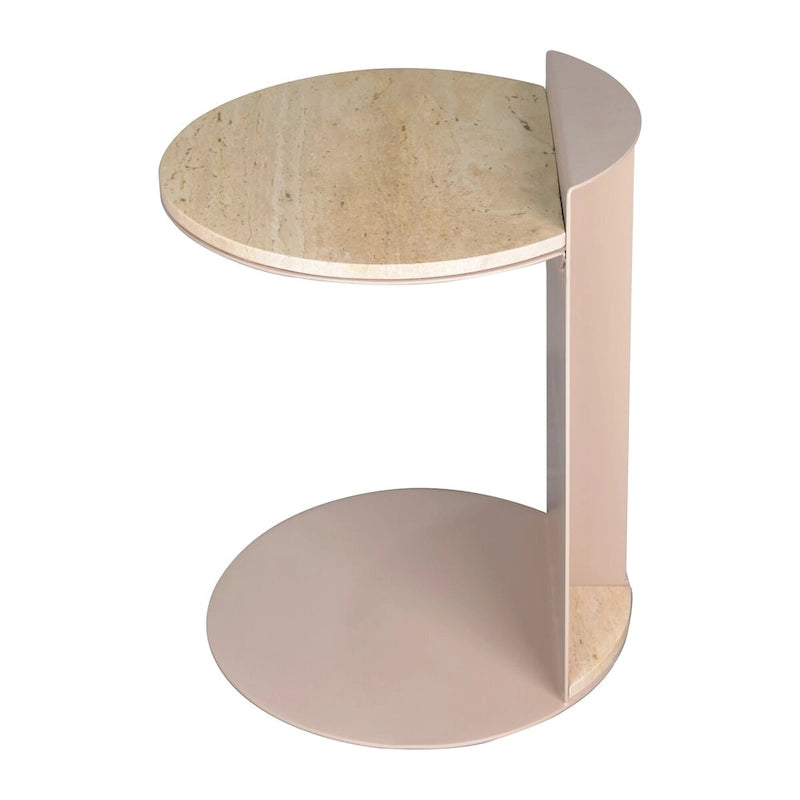 Table d'appoint en forme de C de 50 cm | Plateau en marbre beige naturel et pied en acier | Style moderne du milieu du siècle