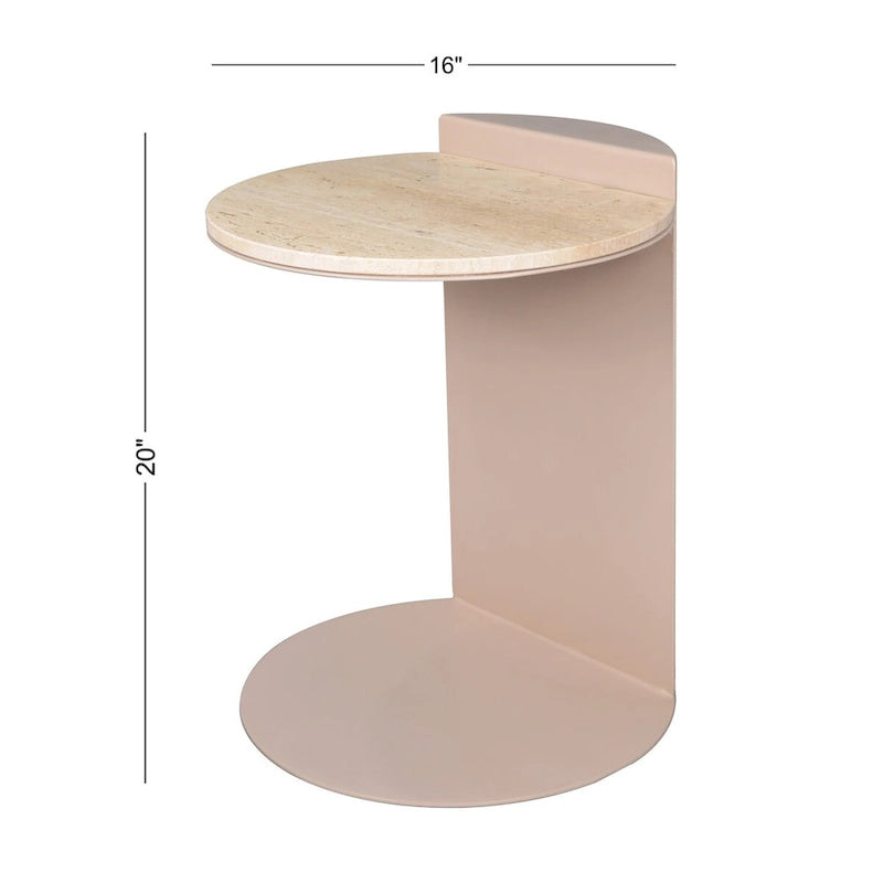 Table d'appoint en forme de C de 50 cm | Plateau en marbre beige naturel et pied en acier | Style moderne du milieu du siècle