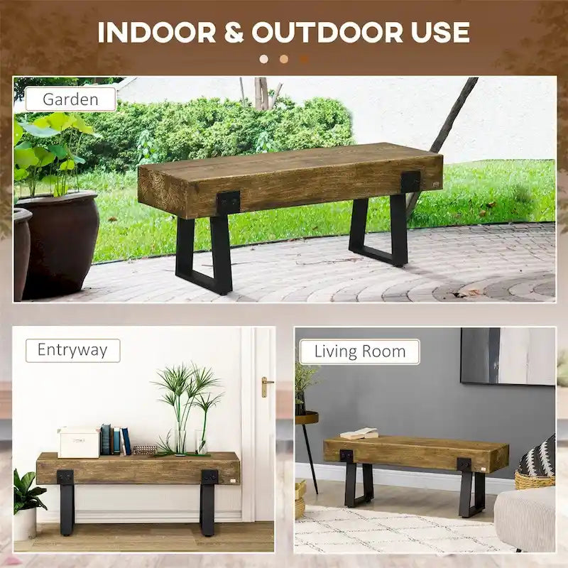 Banc de jardin avec pieds en métal, Banc d'entrée en béton effet bois rustique