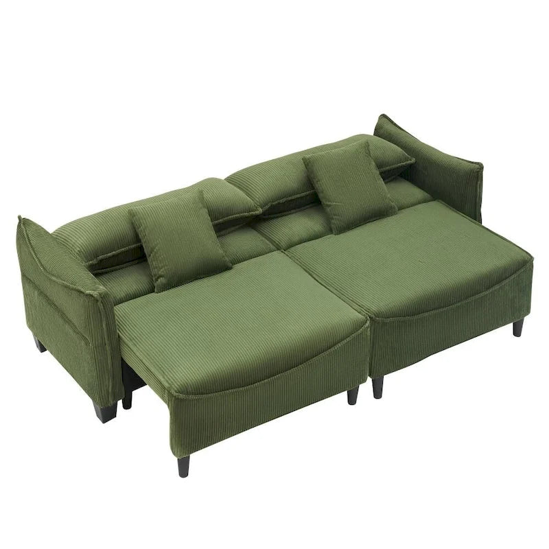 Tissu velours côtelé vert 2345, le canapé peut être converti en canapé-lit avec deux coussins décoratifs