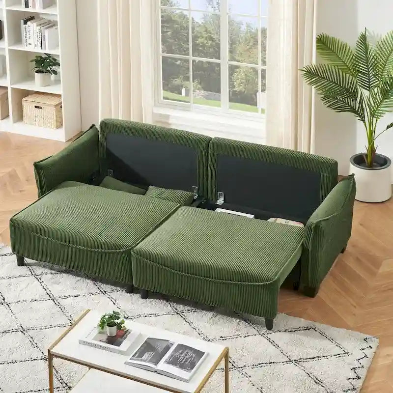 Tissu velours côtelé vert 2345, le canapé peut être converti en canapé-lit avec deux coussins décoratifs
