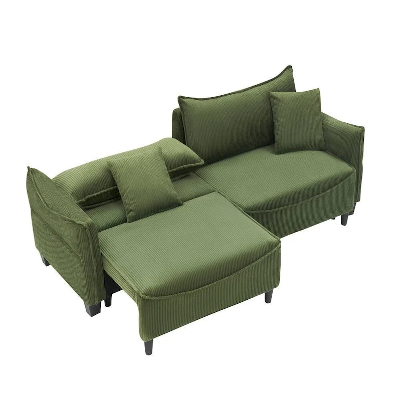Tissu velours côtelé vert 2345, le canapé peut être converti en canapé-lit avec deux coussins décoratifs
