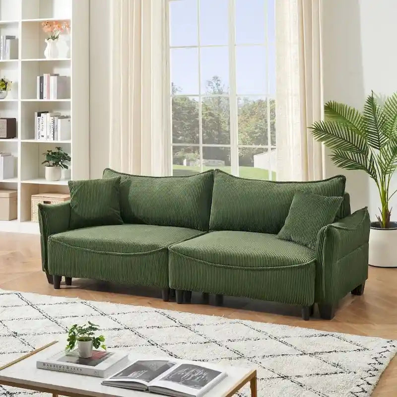 Tissu velours côtelé vert 2345, le canapé peut être converti en canapé-lit avec deux coussins décoratifs