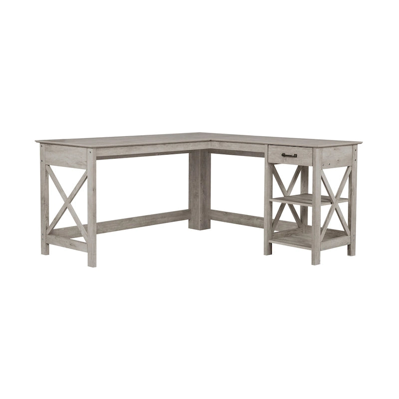 Bureau d'angle en L gris délavé | 1 tiroir et 1 étagère ouverte | Bureau moderne pour télétravail