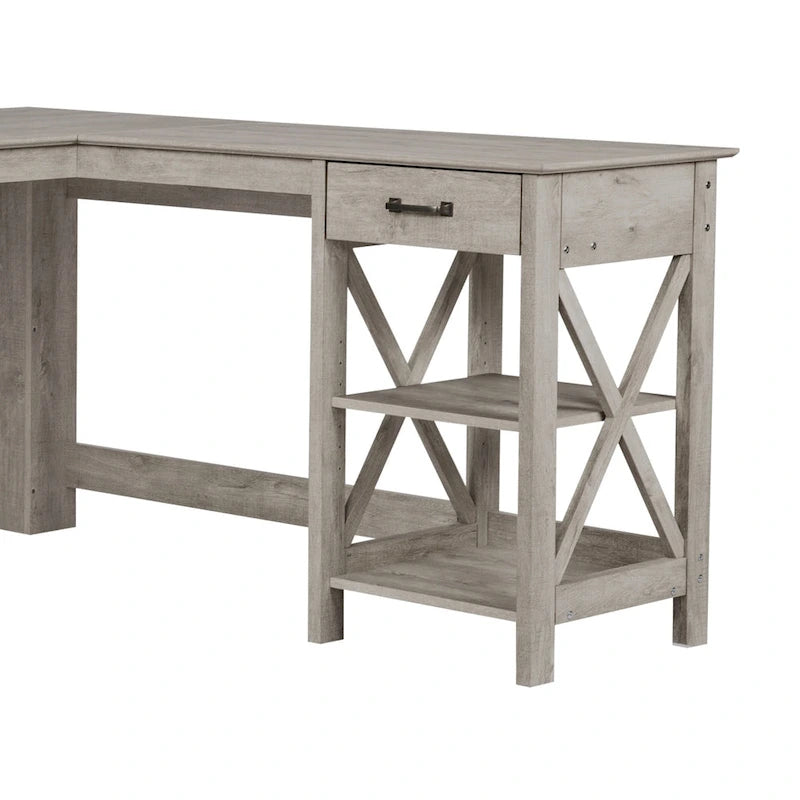 Bureau d'angle en L gris délavé | 1 tiroir et 1 étagère ouverte | Bureau moderne pour télétravail