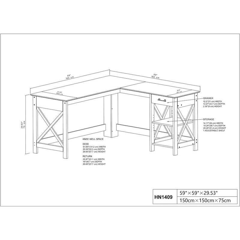 Bureau d'angle en L gris délavé | 1 tiroir et 1 étagère ouverte | Bureau moderne pour télétravail