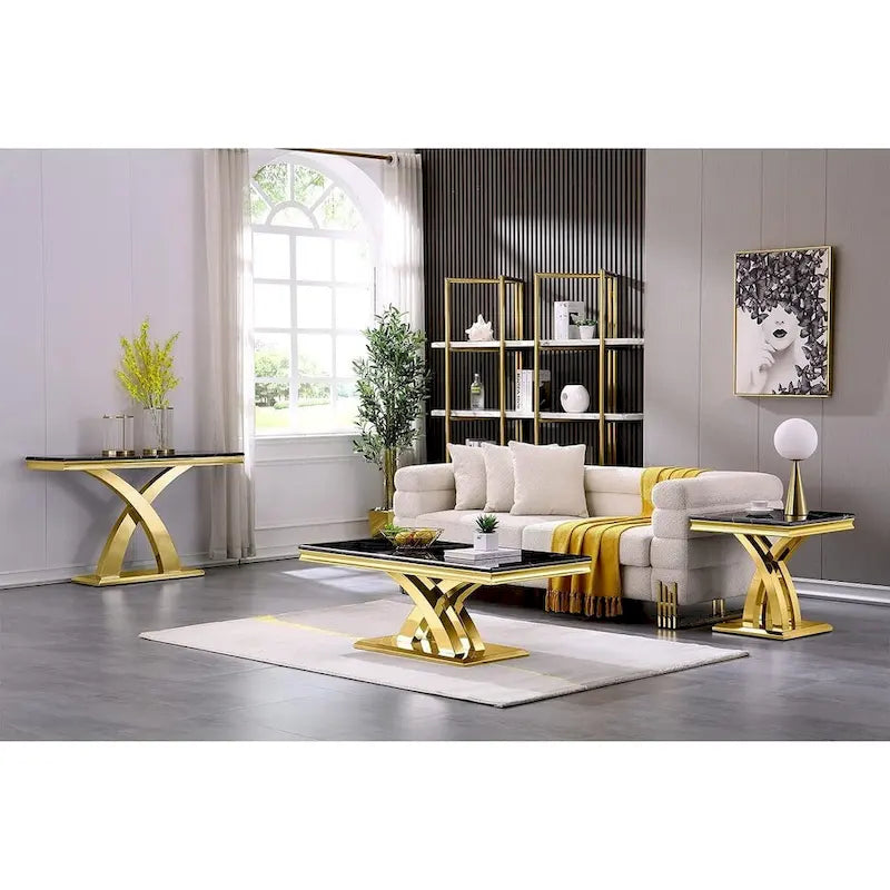 Table d'appoint en métal moderne avec plateau carré brillant et piètement en croix