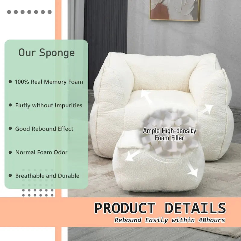 Pouf carré sans accoudoirs en tissu bouclé avec ottoman