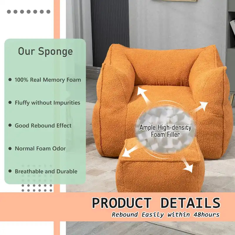 Pouf carré sans accoudoirs en tissu bouclé avec ottoman