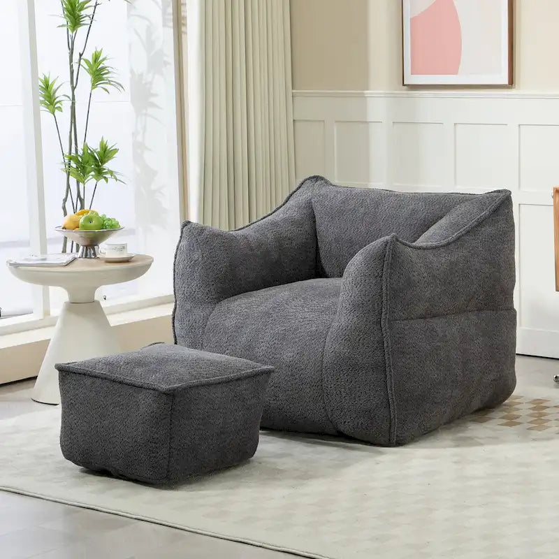 Pouf carré sans accoudoirs en tissu bouclé avec ottoman