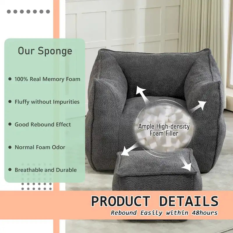 Pouf carré sans accoudoirs en tissu bouclé avec ottoman